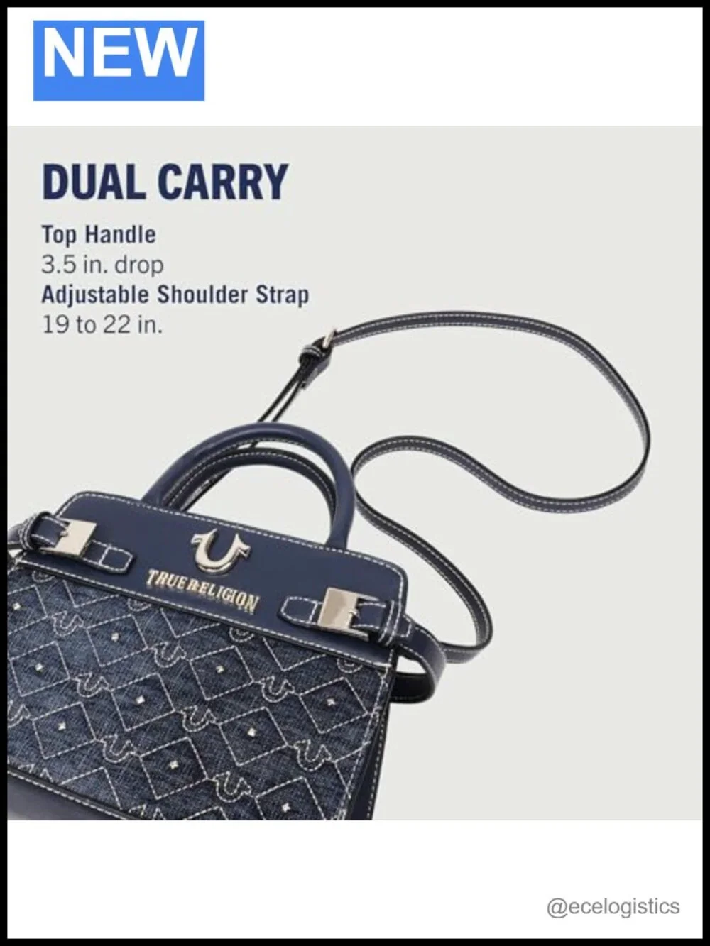 Quilted Denim Tote Bag with Studded Accents and Detachable Strap